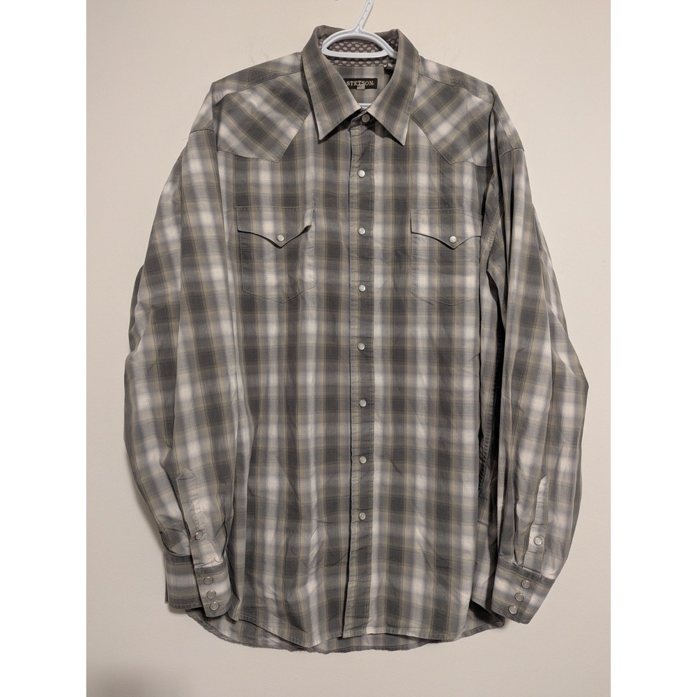 Stetson Plaid Pearl Snap Western Shirt Men's 2XL Green White Long Sleeve Cotton